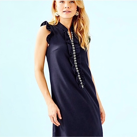 Lilly Pulitzer Adalee Ruffle Shirt Dress True Navy Pearl Embellishments Size 00 - Picture 2 of 14